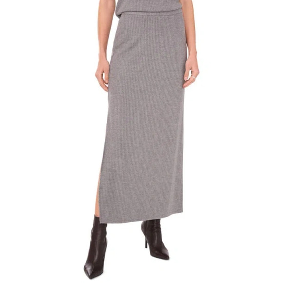 Halogen Maxi Skirt Womens L Gray Rib Sweater Knit Minimalist Capsule Side Slits - Picture 3 of 12